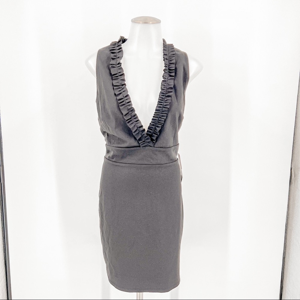 Black Bebe dress with Ruffled Plunging V Neckline